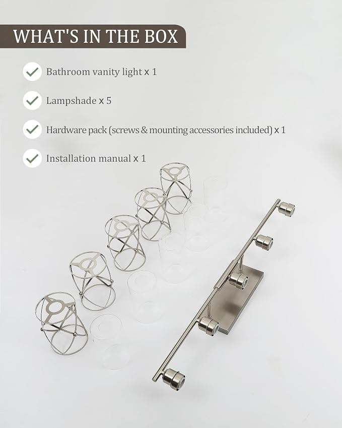 5-Light Brushed Nickel Bathroom Light Fixtures Over Mirror, 38" UL-Listed Modern Wall Sconce Lights with Clear Glass and Metal Cage for Bath, Hardwire E26, CH9176BN-5W