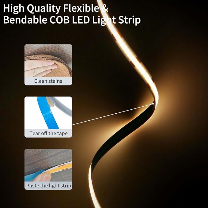 USB LED Light Strip, 3000K Warm White COB LED Strip Lights, 3.28FT TV Lights Flexible Small Led Lights with Touch Switch Controller White 5V LED Strip Light for TV Backlight Bedroom