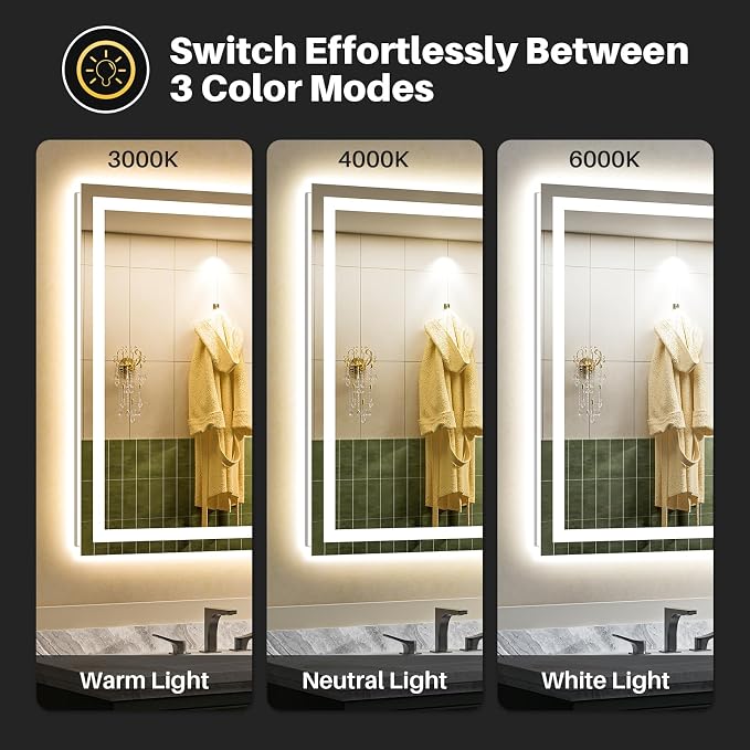 66x36 Inch LED Bathroom Mirror with Lights, Backlit & Front Lit | Anti-fog, 3 Color Dimmable, Memory Function, HD Reflection Tempered Glass, ETL Listed, IP54 Waterproof