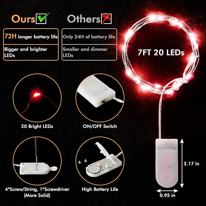 12 Pack Fairy Lights Battery Operated 7FT 20LED Silver Wire String Lights | Waterproof Red Christmas Lights Outdoor, Firefly Mini Lights for Bedroom Party Birthday Wedding Indoor Decorations Home Decor