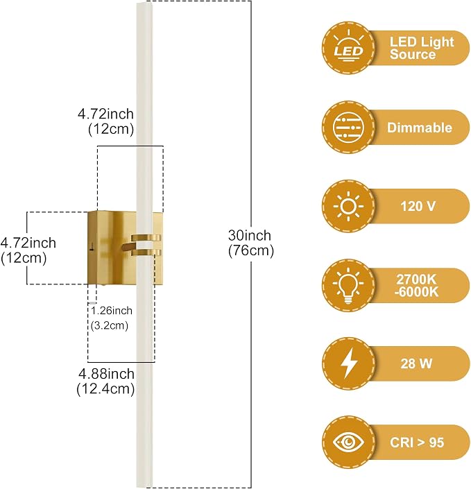 Gold Bathroom Light Fixture LED Vanity Light 30" 5CCT Wall Sconce | LED Dimmable Wall Light Modern 360° Lighting, 28W Hardwired Vanity Light for Bathroom Mirror, Flicker-Free Easy Install