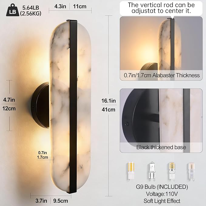 15.7in Natural Alabaster Wall Sconce Oval Marble Sconce Lighting | Black Bathroom Vanity Light Modern Stone Wall Lamp Hardwired Wall Mount Light for Bedroom Living Room Hallway Restaurant