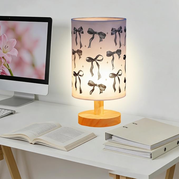 Lonfliness Black Bow Kids Table Lamp Kids Bedside Lamp Bedroom LED Night Light with Linen Wooden Nightstand Cartoon Nursery Lampshade for Girls Boys Living Room
