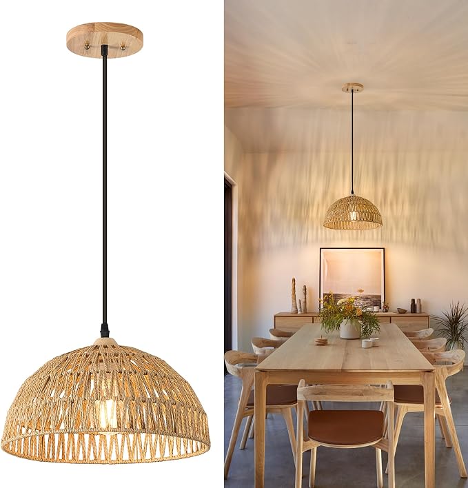 13 Inch Rattan Pendant Lights Farmhouse Boho Chandelier Light Fixture Rustic Wicker Hand Woven Pendant Hanging Light for Dining Room Kitchen Bedroom Foyer Hallway