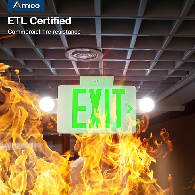 Amico 12 Pack Green Exit Sign with Multi-Angle LED Emergency Lights | ETL Listed, Wall & Ceiling Dual Mount, Hard Wired 120/277V AC, 90 Min Backup, 94V-0 Fire Resistant Plastic Housing