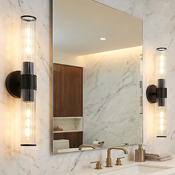 Bathroom Light Fixtures 2 Pack Hardwired, Black Wall Sconce Threaded Glass Vanity Light Featuring Two E26 sockets, Bathroom Wall Light Dimmable - Bulb Not Included, UL Certification