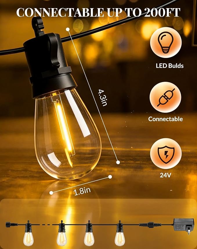 Outdoor String Lights Patio Light - 150Ft Outside Waterproof Edison Bulbs | S14 LED Porch Light, Shatterproof Edison Bulbs Hanging Connectable Lighting for Gazebo Backyard Bistro Pergola, Balcony