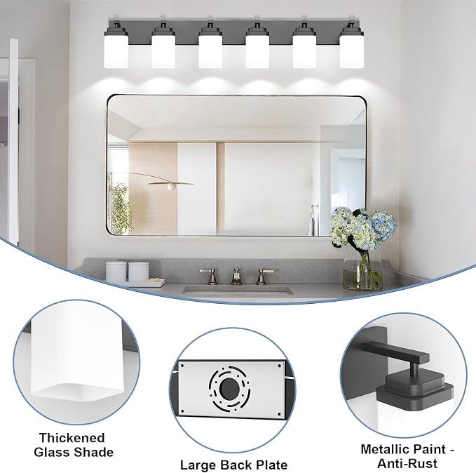 Matte Black Bathroom Light Fixtures, 6 Lights Bathroom Lighting Fixtures Over Mirror, Square Design & Rectangle Large Backplate, Modern Vanity Lighting Fixtures, for Living Room/Bedroom