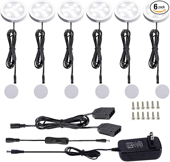 AIBOO 12V LED Under Cabinet Lights Kit 6 Pack Black Cord Aluminum Puck Lamps for Kitchen Counter Closet Lighting with Manual on/Off Switch 12W 6 Lights (6000K Daylight White)
