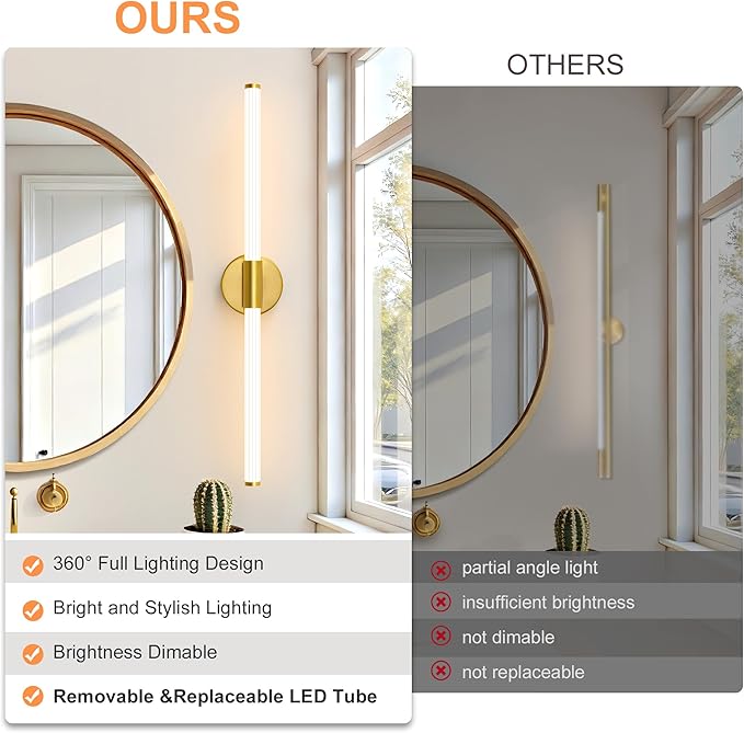 Dimmable LED Bathroom Vanity Lights 360° Full Lighting Bathroom Light Fixtures Over Mirror Vanity Light Bar Modern Wall Sconce Warm White for Bedroom Living Room Hardwired Gold, 31 inch