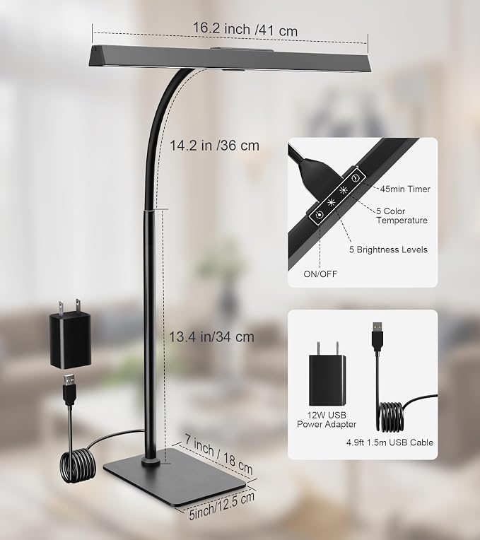 LED Desk Lamp for Home Office with Base, Eye-Caring Desk Light 12W | Tall Lamp for Computer Monitor Task Reading, Adjustable Gooseneck, 5 Dimmable Brightness & Color, USB Touch Control, Timer