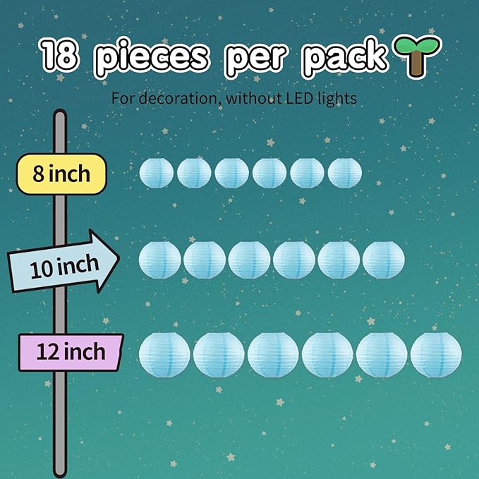 Chinese Paper Lanterns for Birthday Party Decorations – Hanging Rainbow Lanterns for Ceiling Decor, Classroom, Wedding, and Home Party – Pack of 18,Light Blue(8/10/12-Inch)