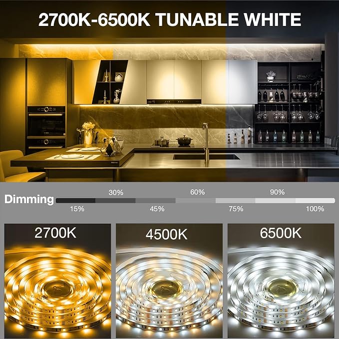 DAYBETTER Under Cabinet Lighting, 6 PCS Under Cabinet Lights, Dimmable LED Strip Lights with Remote, LED Lights for Kitchen Cabinet, Counter, Shelf, 2700K-6500K Warm to Daylight White, Timing, 20 ft | Dimmable,2700K-6500K Dual-Color Tunable White,Timin...
