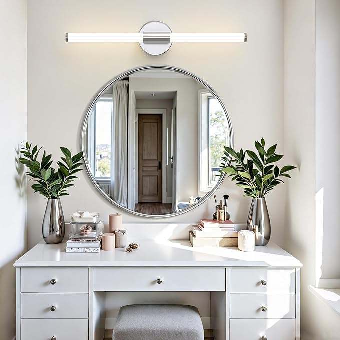 Bathroom Vanity Lights Chrome Dimmable LED 360° Full Lighting Bathroom Light Fixtures Over Mirror 23 inch Vanity Light Bar Hardwired Modern Wall Sconce 4000K Light for Bedroom Living Room
