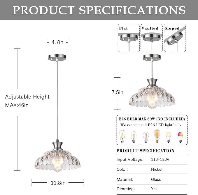 Modern Glass Pendant Lights Kitchen Island, 11.8" Glass Light Fixtures Brushed Chrome Flower Vintage Lighting Glass Ceiling Chandelier for Dining Living Room Restaurant Bedroom Foyer Entryway