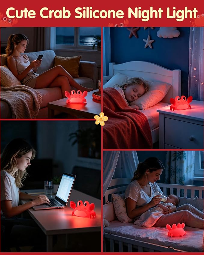 YISUN Crab Night Light for Kids, Silicone LED Dimmable Nursery Nightlight | Rechargeable Bedside Touch Light, Novelty Animal Lamp for Boys Girls Toddlers