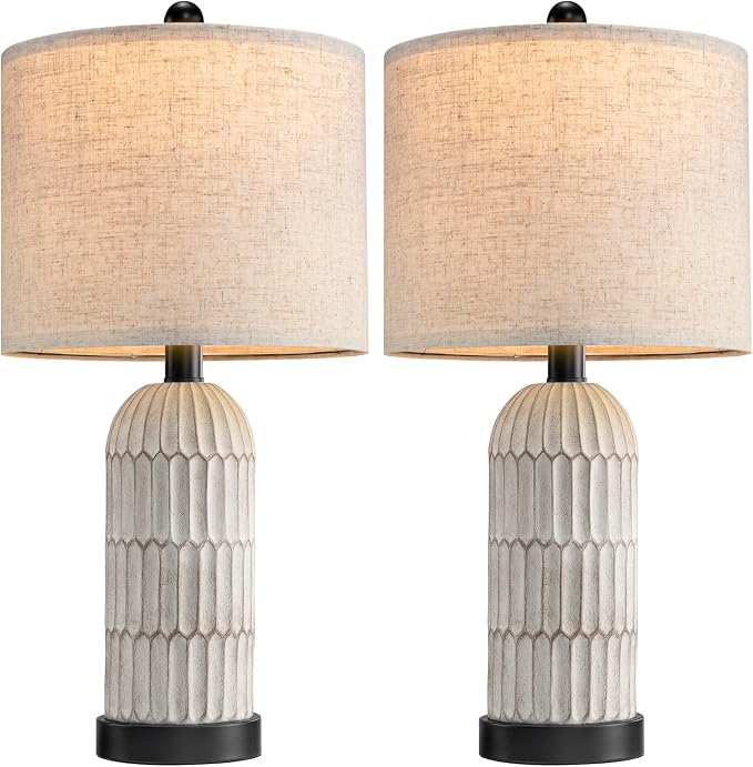 22.5" Bedside Table Lamps Set of 2, Farmhouse Table Lamp with USB A+C Charging Ports,Vintage Nightstand Lamp for Bedrooms and Living Rooms, Retro Resin End Table Lamp with Linen Shade, Black