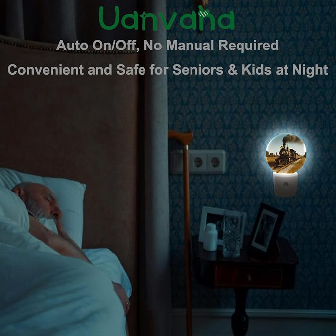 Antique Train LED Night Light Steam Engine Locomotive Train on Railroad Track Plug-in Night Light with Dusk to Dawn Sensor for Bedroom Bathroom Living Room