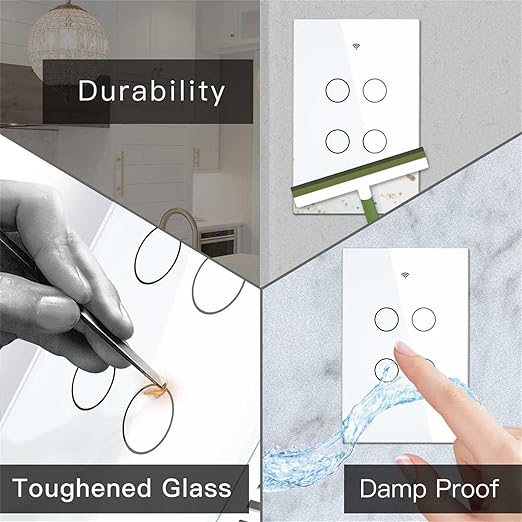 MOES Touch Wall Single Live Wire Smart Switch, No Neutral Wire Needed, 2.4GHz WiFi RF433 Light Switch Works with Smart Life/Tuya App, Alexa and Google Home, Single Pole 110V, White 4 Gang