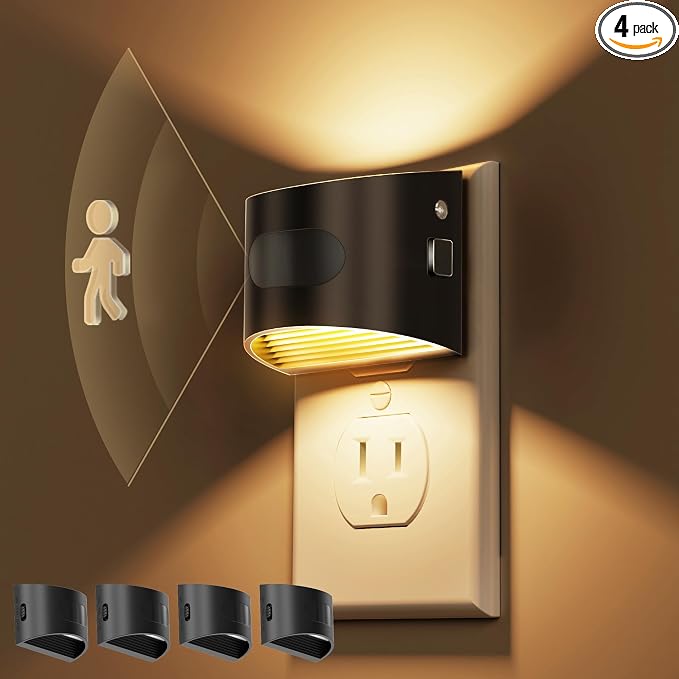 L LOHAS LED Motion Sensor Night Light, Night Lights Plug into Wall, 4 Pack | Nightlight with Dusk to Dawn & Motion Detection Sensor, 30-100Lm Adjustable Brightness, 3000K Warm White, Black Housing