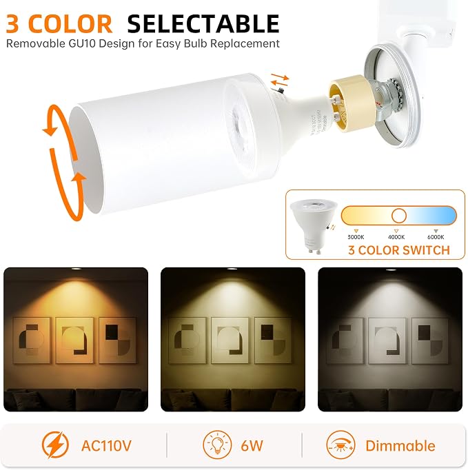3-Color LED Track Lighting Kit with Floating Canopy Connector, 6-Light H Type Rail System with 6.6FT Rails, Dimmable GU10 Bulbs Included, Adjustable Ceiling Spotlights for Kitchen (6, White)