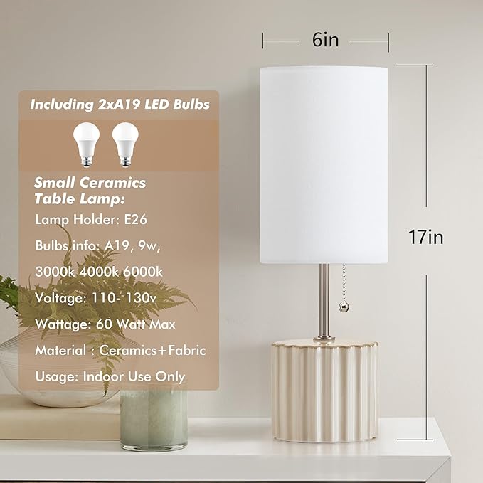 GyroVu Ceramic Small Table Lamp Set of 2, Adjustable Color Temperature Bedside Nightstand Lamps with Pull Chain for Bedroom Living Room Reading, 2 Bulbs