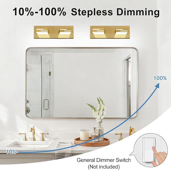 LED Modern Bathroom Vanity Light Fixtures, Dimmable Gold Vanity Lights for Bathroom Lighting Fixtures Over Mirror, with 360° Rotatable Heads 2-Light 16-inch (Cool White 6000K)