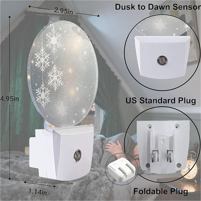 Mugod Winter Snowflake and Starry Scene Plug-in Nightlights Merry Christmas Night Light Plug into Wall with Dusk-to-Dawn Sensor LED Lighting 0.5W Sleep-Friendly