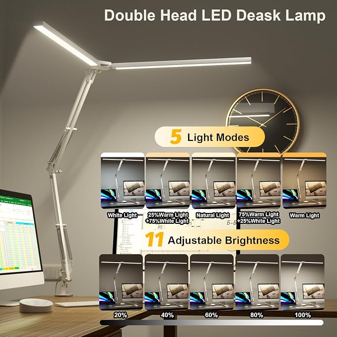 Led Desk Lamp for Home Office - 2400LM Ultra Bright Desk Light -Eye Caring Desk Lamp with Clamp - Adjustable Office Lamp with Remote Control- Easy Installation - 24W White