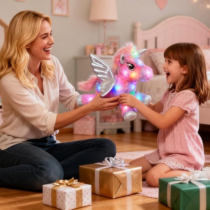 Hopearl Colorful LED Musical Stuffed Unicorn Lighting Up Singing Plush Toy Adjustable Volume Lullaby Animated Soothe Birthday Festival for Kids Toddler Girls, Rainbow, 16''