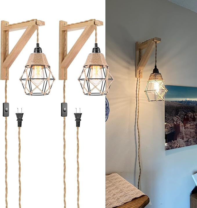 Frideko Plug in Wall Sconce Set of Two,Boho Farmhouse Hanging Wall Lamp with Plug in Cord, Wall Light with Wood Shelf Bracket for Bedroom Living Room Apartment RV Camper(Orange 2pcs)