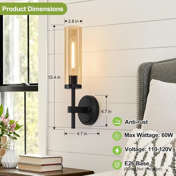 MOKATNG Hardwired Wall Sconces Set of Two, Matte Black Bathroom Sconces with Amber Glass, Modern Wall Light Fixtures for Bathroom Mirror Vanity, Living Room, Hallway, Stairway, Cabinet, Foyer