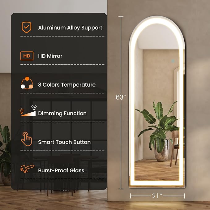Alpen Arched LED Full Length Mirror, 63x21 Floor Mirror with 3 Color Lights | Adjustable LED Lighting Paired with Tempered Glass for Bedroom Decor, Dressing Room, Cloakroom and Home Decor Styling