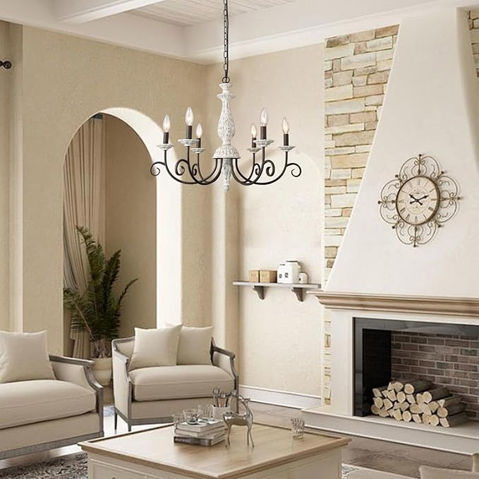 French Country Chandelier,6 Lights Farmhouse Chandelier Dining Room Distressed White Wood Chandeliers with Black Metal Arm,Rustic Candle Ceiling Chandelier for Living Room Bedroom