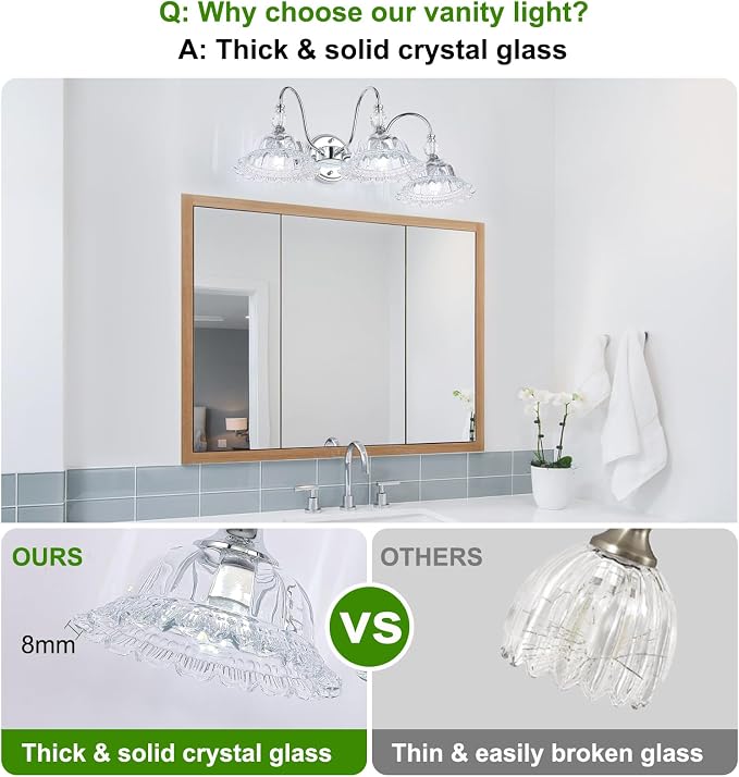 Chrome Bathroom Vanity Light Fixtures 3 Lights Vanity Lights for Bathroom with Floral Crystal Glass Shade Modern Wall Sconce Light for Mirror(Exclude E26 Bulb)
