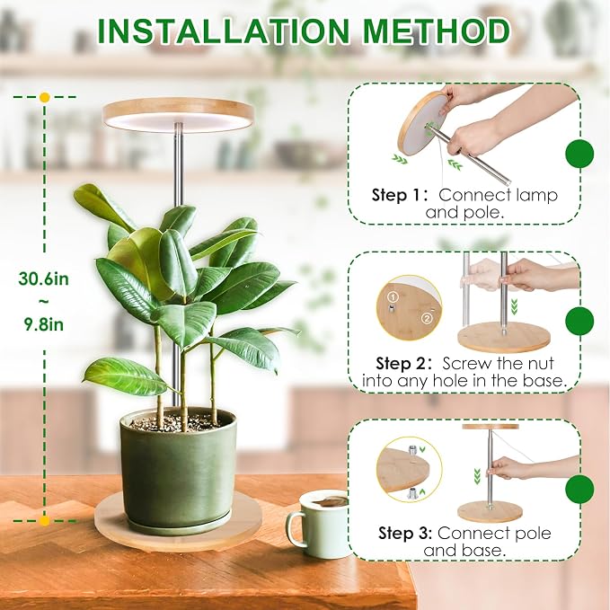 LORDEM Indoor Plant Light, Bamboo Desk Lamp with Timer | Full Spectrum 380-800nm, 72 LEDs, 4 Dimmable Levels, Height Adjustable 7.8-26 inch, Auto Timer 4/8/12H