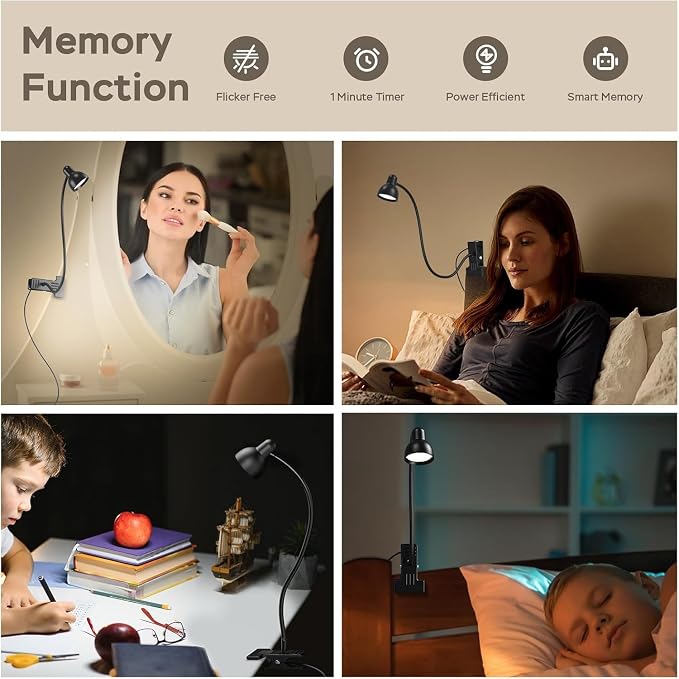 Clip on Light Reading Light for Bed 3 Color Modes Black | 10 Dimmable Brightness Eye Care Clamp Desk Lamp 360° Flexible Desk Book Light for Reading Bed Headboard Computer