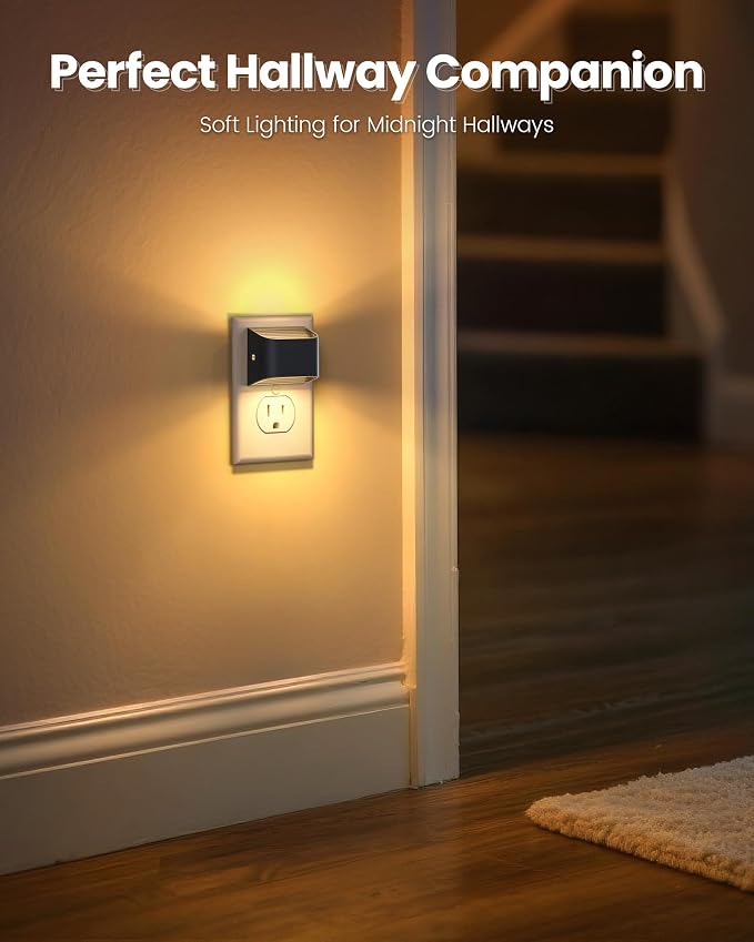 Night Lights Plug Into Wall, Auto Brightness Sensor Night Light, 3000K Warm White, Ultra-Slim Wall Light for Hallway Bathroom Bedroom Stairs, Black, 6 Pack