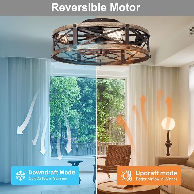 SHLUCE Caged Ceiling Fan with Light and Remote, Farmhouse Fandelier | 19" Flush Mount Small Rustic Low Profile Bladeless Design, Quiet Operation, ETL Listed, for Kitchen & Bedroom Indoor Use