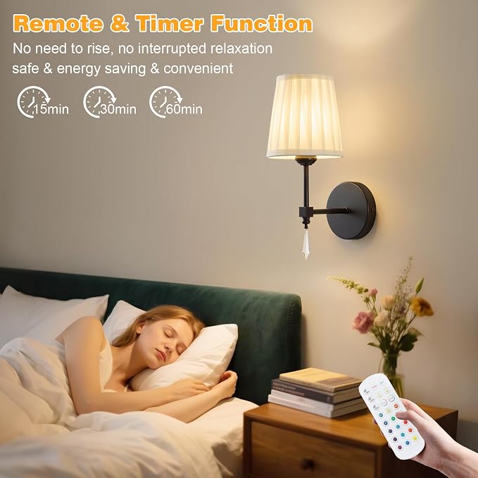 Black Battery Operated Wall Sconce,10000 Mah Rechargeable Wall Sconces set of 2 With Remote,3CCT and 12 RGB Sconces Battery Operated Dimmable,Fabric Sconces Wall Decor Set of 2 for Bedroom,Living Room