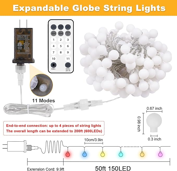 OMIKA 50FT Connectable Globe String Lights Outdoor Waterproof, 150 LED Fairy Lights with Remote Timer, Multicolor and Warm White Plug in Pastel String Lights for Indoor,Bedroom, Party, Classroom Decor