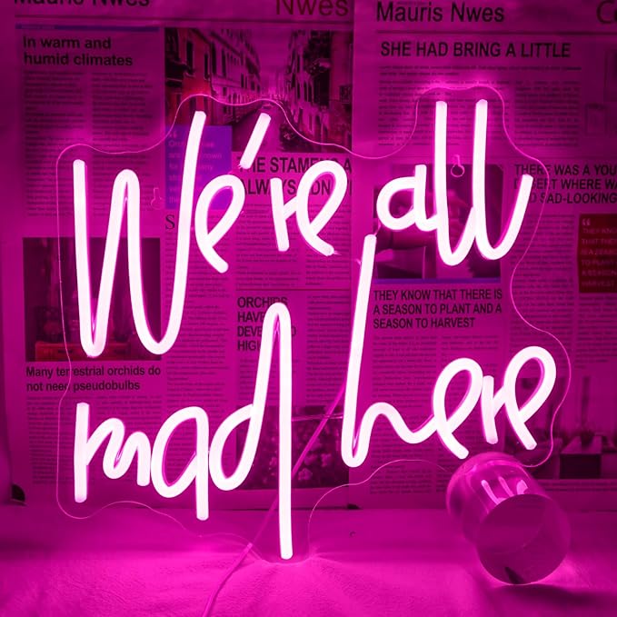 WLHOPE We're All Mad Here Neon Sign Pink Neon Signs for Wall Decor Alice In Wonderland Party Decorations Connectivity Via Neon Light for Bedroom Home Dorm Wedding Party Bar Pub Salon Christmas Gifts