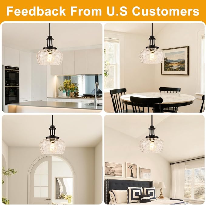 Modern Pendant Lights Kitchen Island, Matte Black Pendant Light Fixtures with 10" Clear Hammered Glass Shade, Industrial Hanging Pendant Lights Fixture for Kitchen Island Dining Room Bedroom Entryway