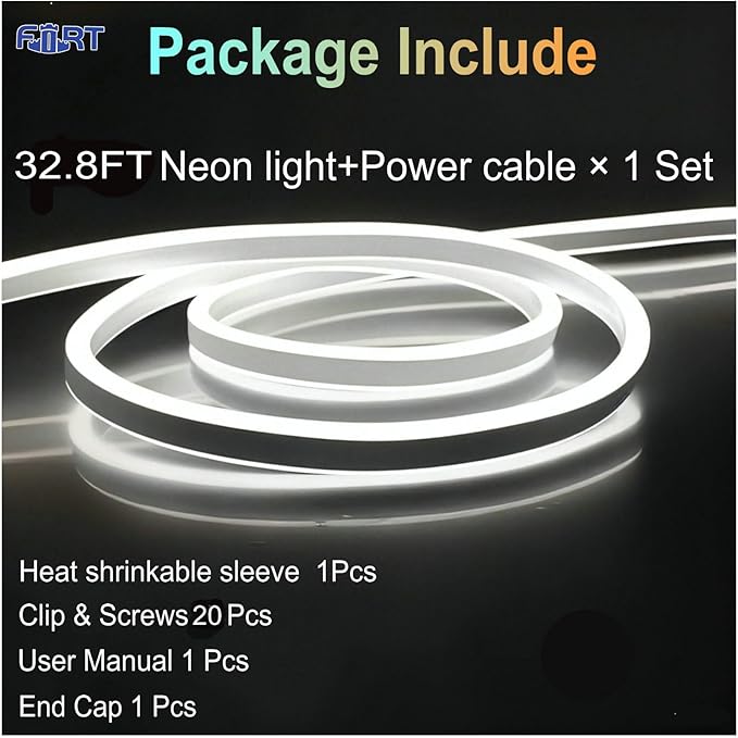 FORT LED Rope Lights AC 120V,Cuttable 120LEDs/M Dotless Neon Strip Lighting, ETL IP66 Waterproof & Weather-Resistant for Home Commercial Decor use, 8x16mm, 6000K White neon Light Strip 32.8FT