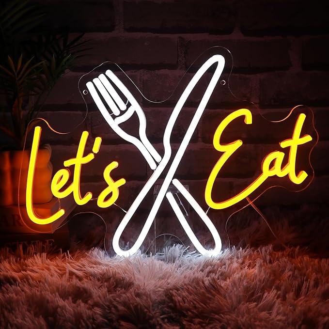 Let's Eat Neon Sign for Wall Decor Dimmable Knife Fork Led Sign for Restautant Lets Eat Neon Light for Kitchen Cafe Food Bar Cooking Dining Room Luncheonette Bistro Party Decoration