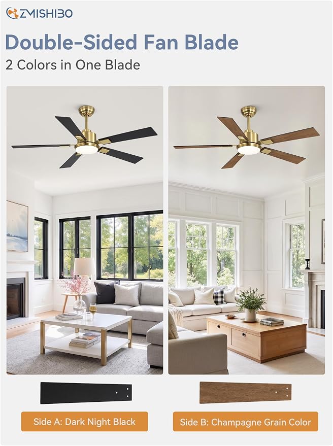 ZMISHIBO 52” Mid Century Ceiling Fan with Light, Remote, Black and Gold | High CFM Powerful Airflow, Quiet DC Motor, 3 CCT LED, Indoor/Covered Outdoor, Dual-Finish, Damp Rated