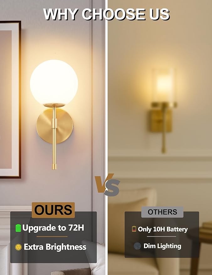 Battery Operated Wall Sconces Set of 2, Glass Globe Wireless Lights with Remote & Touch Control, Rechargeable Brushed Gold Sconce, 3 Color Dimmable Ambient Lighting for Bedroom Living Room