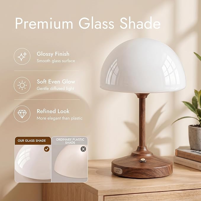 Table Lamp Cordless Lamp,5000mAh Rechargeble Battery Operated Lamp | Small Bedside Desk Lamp 11.02" with Glass Shade 3-Way Dimmable Portable LED Table Light,for Outdoor,Dinner(Walnut Wood Grain)