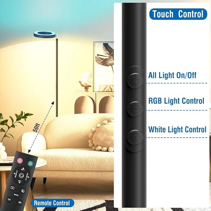 42W Dual-Sided Floor Lamp, RGB Color Changing LED Standing Lamp with Remote, Stepless Dimmabe Warm/Neutral/Cool Floor Light, Modern Torchiere Tall Lamps for Living Room Bedroom Gaming Party