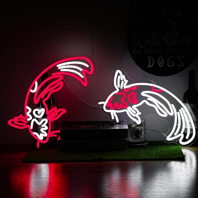 Koi Fish Neon Sign for Wall Decor Koi Carp Neon Lights Japanese Fish Led Neon Red White Neon Signs Lucky Sign 16.7”x9.3” for Bedroom Office Living Room Decoration